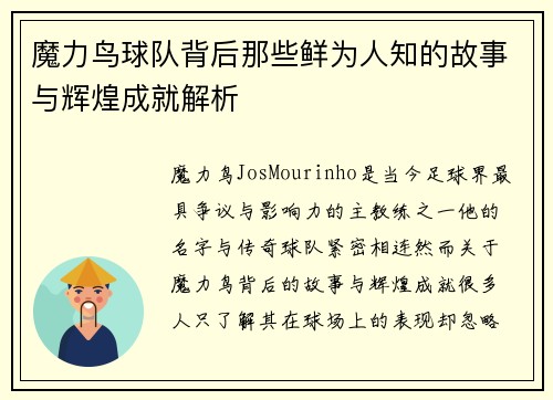 魔力鸟球队背后那些鲜为人知的故事与辉煌成就解析 魔力鸟球队背后那些鲜为人知的故事与辉煌成就解析