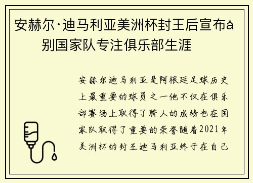 安赫尔·迪马利亚美洲杯封王后宣布告别国家队专注俱乐部生涯